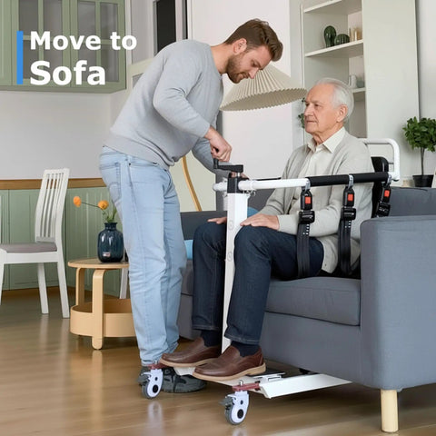 Smooth Ride Transfer Chair For Seniors With Sit To Stand Assist Handles, assisting a senior from a sofa with harness straps.