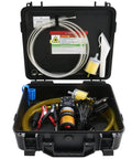 Open case showing 12V 75W Electric Fuel Transfer Pump Kit Delivers Up To 110 Gallons Per Hour Of Gasoline Or Diesel For Vehicles Boats UTVs And Tractors Portable On The Go Workhorse, with hoses and fittings.