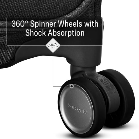 Samsonite luggage wheel close-up on black carry-on, 360-degree spinner with shock absorption