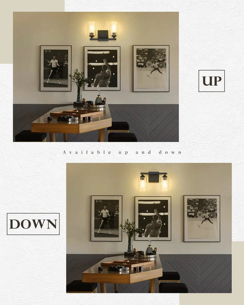 Farmhouse Vanity Light Two Light Fixture With Clear Glass Shades, Sleek Matte Black Wall Mount in up and down positions