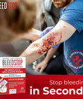 BleedStop first aid powder four-pack box, white with red label, front view beside a bloodied forearm being treated.