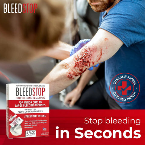 BleedStop first aid powder four-pack box, white with red label, front view beside a bloodied forearm being treated.