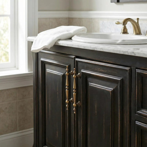 Bathroom cabinet with 12 Pack Antique Brass Cabinet Pulls And Handles For Drawers, Closets, Dresser And More, 110 mm Hole Center