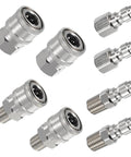 Set of 4 stainless steel 1/4 in NPT pressure washer quick-connect adapters, male and female.