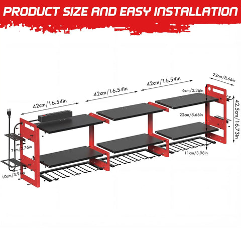 56.7 Inch Wide Beefy Heavy Duty Power Tool Organizer Wall Mount With Charging Station Three Tier Metal Rack Holds Twelve Drills And Six Foot Power Strip For Garage Workshop Storage Industrial Grade Metal Construction.