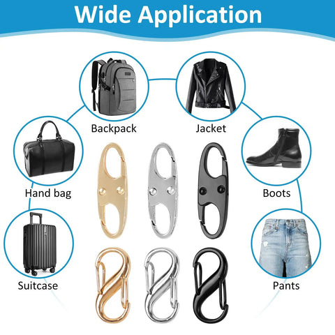 Keep Your Gear Safely Locked Down With This Kickass 21 Piece Anti Theft Lock Combo Featuring Heavy Duty Zipper Guards For Luggage Purses Boots And All Outdoor Adventures, showing various applications on bags and clothing.
