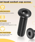 Flat head socket cap screw with quality assurance features highlighted.