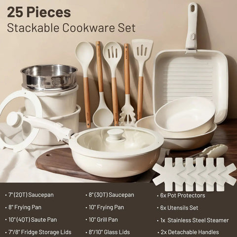 Nonstick Ceramic Pots And Pans Set With Detachable Handles, 25-Piece Stackable Cookware For RV And Small Kitchens displayed