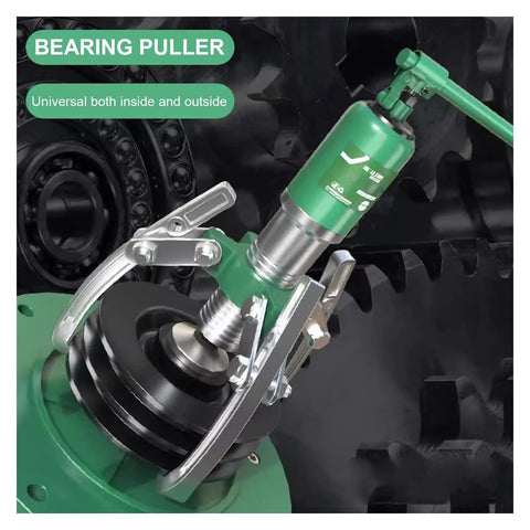 Badass Heavy Duty Hydraulic Bearing Puller For Yanking Stubborn Bearings And Gears Built Tough For Auto And Shop Wrenching Projects That Really Deliver The Goods, showing pulling action on a black bearing.