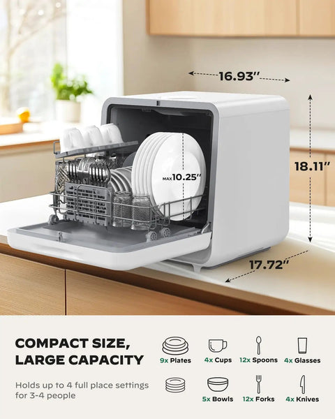 Plug And Play Portable Countertop Dishwasher With Zero Plumbing Hookup Five Liter Tank showing interior with dishes loaded, 4 place settings.