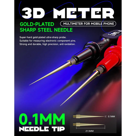 Top Notch Ergonomic Digital Multimeter With Big Bright Screens Auto Shutdown And High Accuracy Voltage Current Capacitance Testing For All Electric Gigs showing gold-plated sharp steel needle tips.