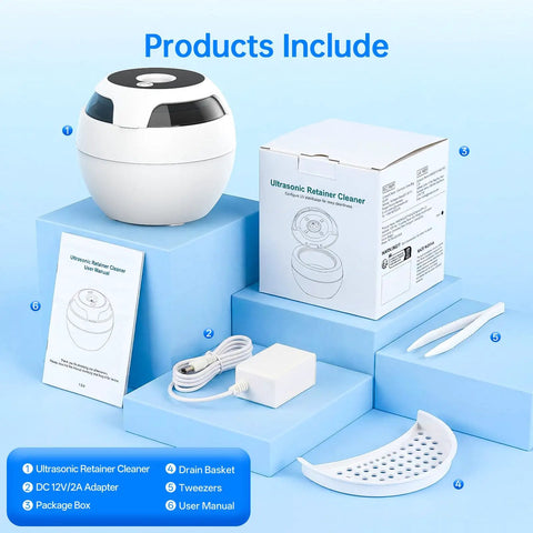 Contents of 45kHz Ultrasonic Retainer Cleaner Pod With Digital Timer For No-Fuss At-Home Pro-Grade Deep Cleaning Of Dentures Aligners Braces Mouth Guards Jewelry Toothbrush Heads And More 200ml Tank including pod, adapter, manual, box, tweezers, and drain basket.