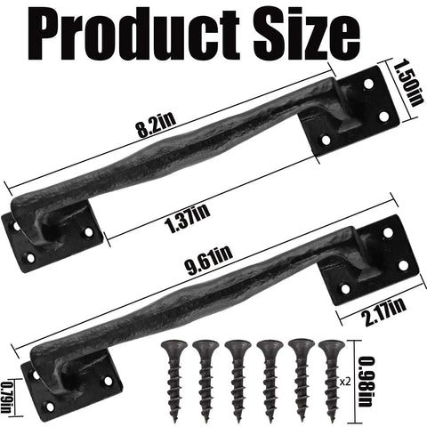 Two Pack Heavy Duty Cast Iron Barn Door Handles Nine And Three Quarters Inches Rustic Gate Pulls For Garage Outdoor Closet Interior Black Tough As Nails Durable Rust Resistant Long Cabinet Handles with screws and dimensions.