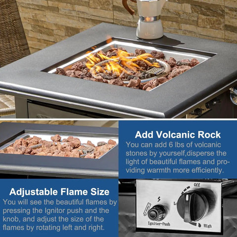 Close-up of 28 Inch Propane Fire Pit Table With 50000 BTU Steel Burner Outdoor Fire Pit For Patio Backyard And Garden Includes Lid And Lava Rocks To Cozy Up Gatherings And Warm The Night On Fresh Air showing lava rocks and flame control panel.