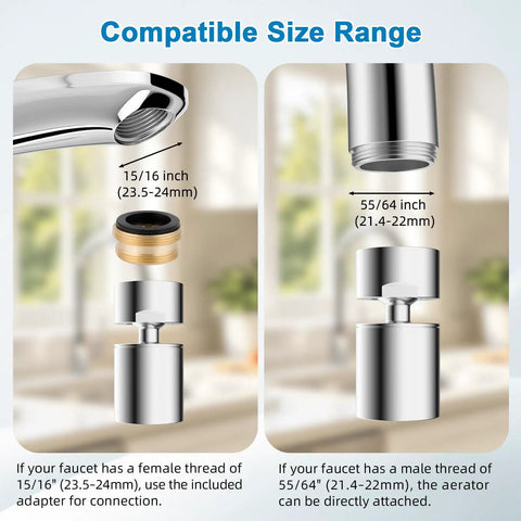Compatible size ranges for Four Mode Chrome Faucet Aerator Delivering Smooth As Butter Water Flow And Splash Free Performance.
