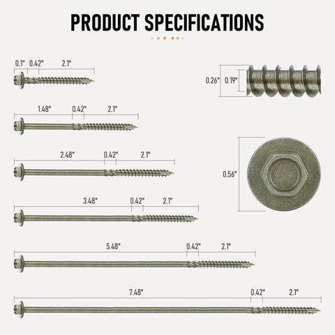 Product specifications for Heavy Duty Hex Head Wood Screws Size 14 By 4 Inch Structural Lag Bolts Carbon Steel Green Coated.