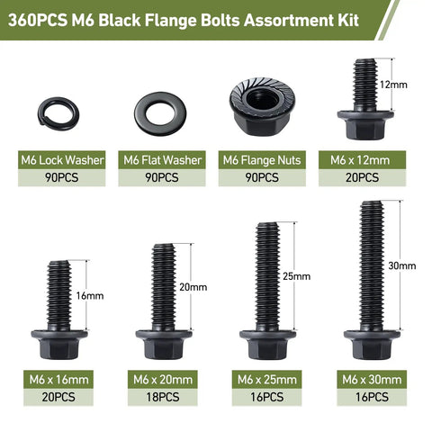 All-In-One Metric Flange Bolt Kit With 360 Pieces M6 Bolts And Serrated Nuts Plus Washers And Lock Washers Heavy Duty 10.9