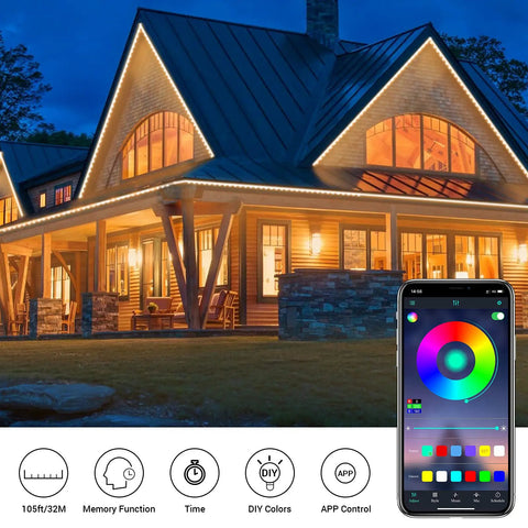 Smart Outdoor Rope Light 105ft Color Changing RGB LED Strip Lights With App Control And RF Remote Dimmable Exterior Tape Lighting Kit For Garden Parties And Yard Vibes 24V IP65 Weatherproof ETL