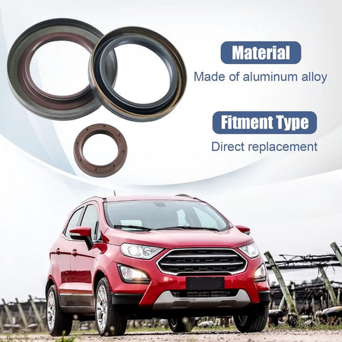 6DCT250 DPS6 Transmission Oil Seal Set for Ford vehicles, 3-piece aluminum kit, shown with red Ford EcoSport in background