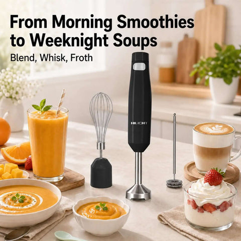Game Changing Cordless Stick Blender With 12V Brushless Motor And Pressure Sensitive Variable Speed displayed with smoothies and soups.