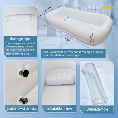 No Sweat Medical Inflatable Bed Bath Kit With Electric Pump And Portable Water Bag, detailed view of drainage pipe, dimensions 82in x 39.37in x 14.9in.