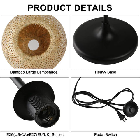 Product details of Japanese Style Bamboo Floor Lamp With Handwoven Rattan Shade, including metal base, lamp socket, and cord.