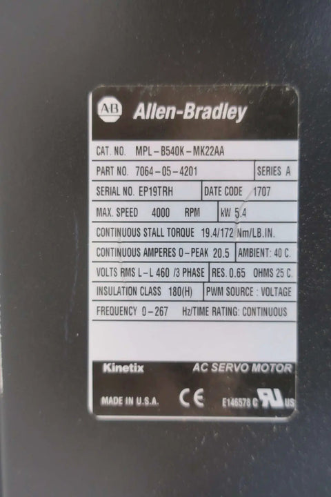 Allen-Bradley MPL B540K MK22AA Kinetix Servo Motor 460V 5.4KW 19.4Nm 3 Phase 28mm Shaft