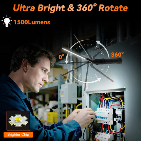 A mechanic using the 2 Pack Magnetic LED Work Lights, All Aluminum 1500 Lumen Rechargeable Mechanic Lights with 360 Degree Rotation and 7 Modes on an electrical panel.