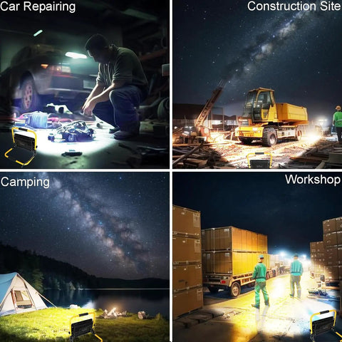Top Tier Beast 200W LED Work Light Packing 20000 Lumens And 6500K Daylight Beam used in car repairs, construction, camping, and workshops.