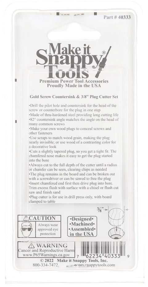 Back packaging of Quick-Change Countersink Drill Bit Set, Two-Piece With Three-Eighths Plug Cutter For One-Step Pilot Hole.