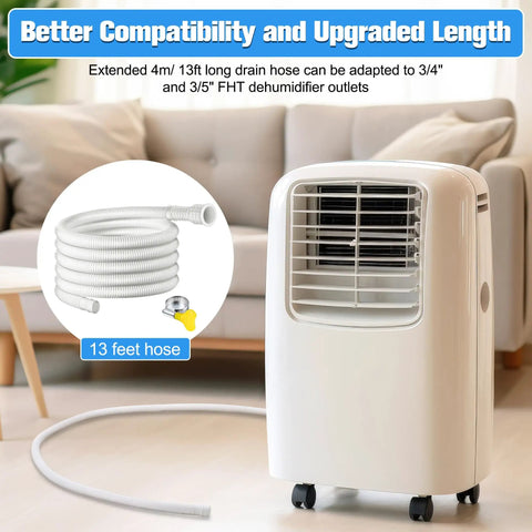 13 Foot Universal Dehumidifier Drain Hose With Cuttable Rubber Adapter And Clamp, shown next to dehumidifier