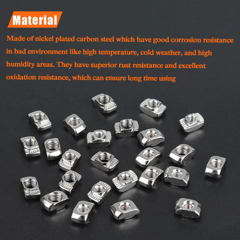 Two Hundred M5 T Slot Nuts For 2020 Aluminum Profile Extrusion, nickel plated carbon steel T slot nuts scattered on a black surface.