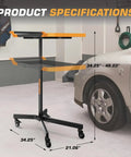 Adjustable Height Mobile Work Table With Rolling Tool Cart And Drills Storage in garage next to car, orange and black.