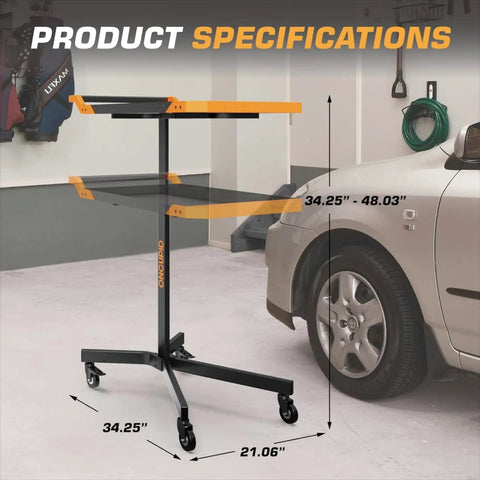 Adjustable Height Mobile Work Table With Rolling Tool Cart And Drills Storage in garage next to car, orange and black.