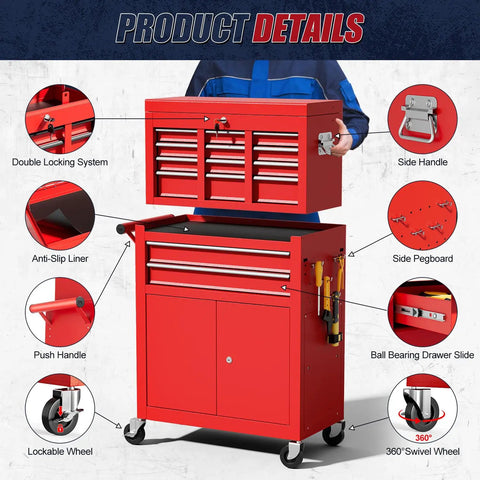 Heavy Duty 2 In 1 Detachable Tool Chest On Wheels With 10 Drawers Lockable Top Box And Bottom Cart A High Capacity Mechanic Organizer For Workshop Garage Adjustable Shelf Red Finish with product details