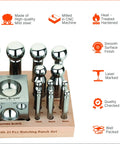 Steel Dapping Block And Punch Set For Jewelry Making And Metal Forming Doming Tools Includes Heavy Duty 2.5 Inch Dapping Block With Rubber Base And 21 Matching Doming Punches 3mm To 13mm Plus 15mm 17mm 19mm 21mm 24mm 28mm 30mm 33mm 38mm And 43mm, displayed on wooden stand with size and feature descriptions.
