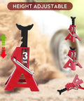 Front view of red metal 4-piece RC car jack stand set, 3-ton capacity, height-adjustable with black lifting post.