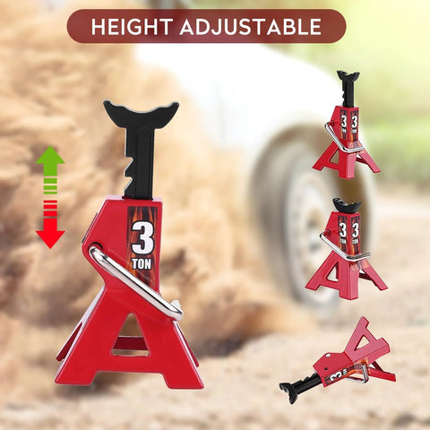 Front view of red metal 4-piece RC car jack stand set, 3-ton capacity, height-adjustable with black lifting post.