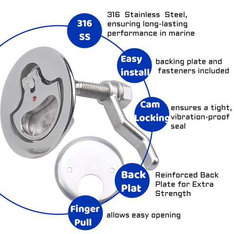 MX Boat Cam Latch, marine hatch hardware, 316 stainless steel, flush pull handle, back plate and fasteners, 2 pcs
