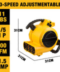 Beast Mode Heavy Duty Portable Air Mover 600 CFM One Fifth HP Motor And 3 Speeds For Fast Carpet Drying in yellow
