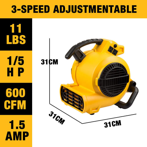 Beast Mode Heavy Duty Portable Air Mover 600 CFM One Fifth HP Motor And 3 Speeds For Fast Carpet Drying in yellow