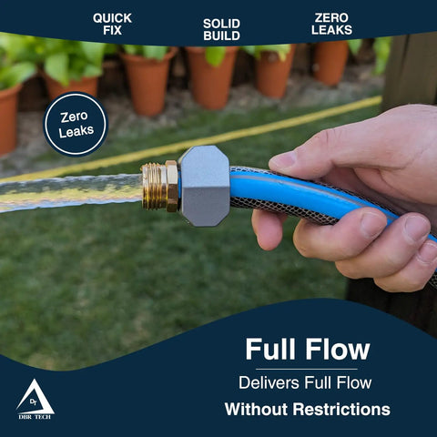 Garden Hose Repair Kit for Quick Leak Fix on Three Quarters and Five Eighths Inch Hoses, Easy No Tool Installation, Durable Brass Fittings, Fits Most Common Hoses, Fast Repair for Home Yard Watering, Trusted by Families in use showing connected hose with durable brass fitting and flowing water