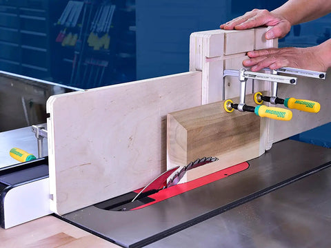 Matchfit Dovetail Clamp Bundle 4 Pack Exclusive DVC-538MB-50 With One Half Inch Dovetail Router Bit in use on woodworking setup