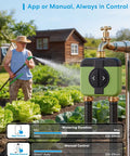 Two Zone WiFi Water Timer For Garden Hose With Brass Inlet And Outlet installed in a garden with a man watering plants.