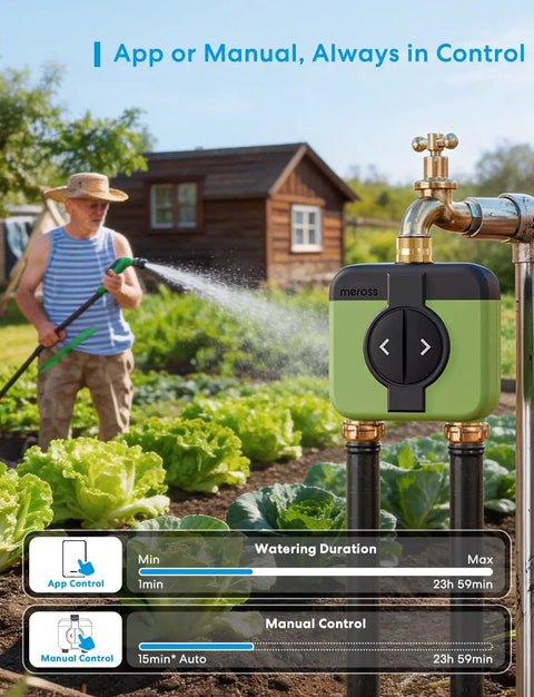 WiFi Hose Timer For Garden With 2 Zone Control, Brass Inlet And Outlet, in use with garden hose, next to gardener