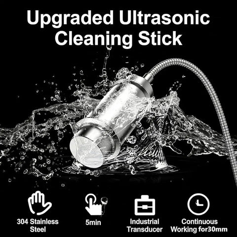 Slick Portable Ultrasonic Cleaner With Aluminum Alloy Probe, 40Khz Deep Cavity Wash For Jewelry, Produce And Flatware, 120W Stainless Transducer shown in water splash.