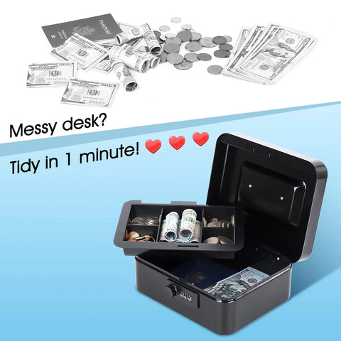 Cash Box With 3 Digit Combination Lock Metal Money Safe Box With Tray For Loose Change And Small Items Secure Home Office Desk Organizer Compact Black 7.87 By 6.30 By 3.35 Inches open with coins and bills