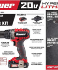 20V Hypermax Cordless Drill Driver Kit With Half Inch Chuck Two Speed Hammer Drill All Metal Gear Construction, packaging view