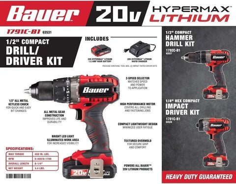 20V Hypermax Cordless Drill Driver Kit With Half Inch Chuck Two Speed Hammer Drill All Metal Gear Construction, packaging view