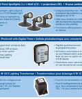 Diagrams and features of Three Pack LED Pond And Landscape Spotlight Kit With 1 Watt LEDs 12 Volt Transformer Automatic On Off Photo Cell